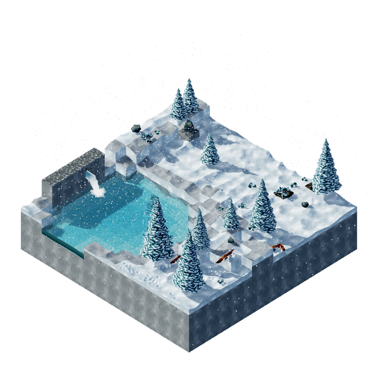 La neige, entièrement poussée : un lac gelé, une cascade et des renards.